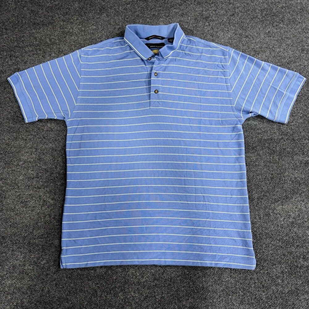 Greg Norman Mens Large Blue White Striped Dry Golf Polo Shirt Moisture Wicking